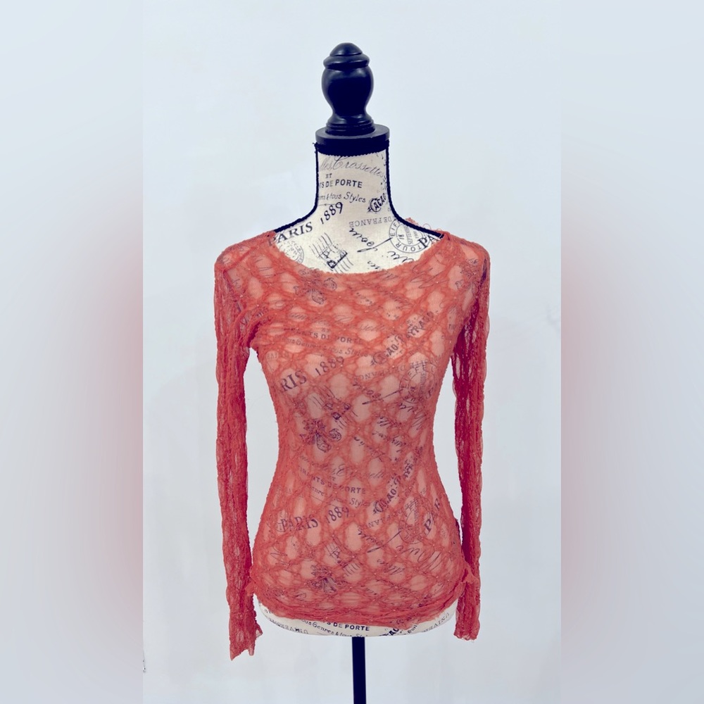 Sheer long sleeve burnt orange long sleeve blouse, fitted, stretchy, size small